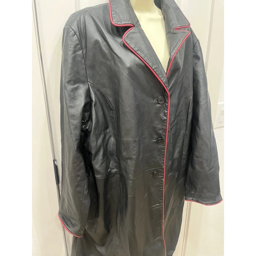 Mens Black Leather Trench Coat Pink Trim‎ Duster Jacket Outerwear Venezia